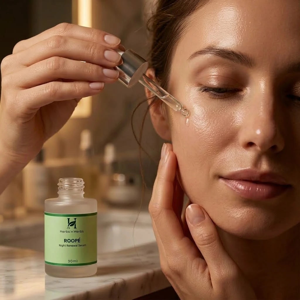 Applying Herbs'n'Herbs ROOPÉ Night Renewal Serum to skin
