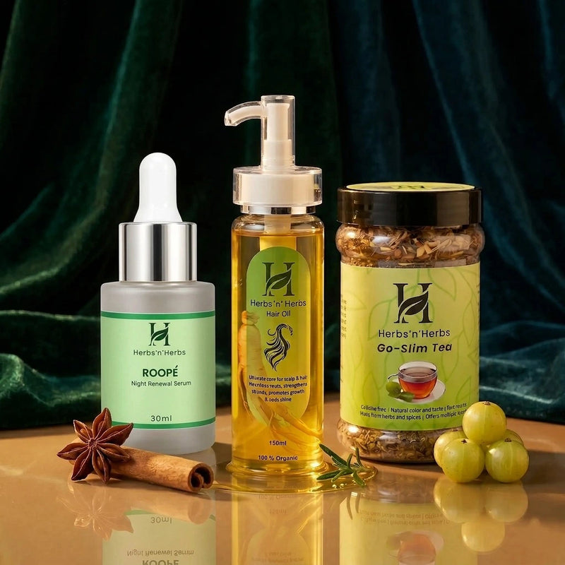 30 Days Glow Up Stack - Hair Oil, Go-Slim Tea, and ROOPE Night Renewal Serum