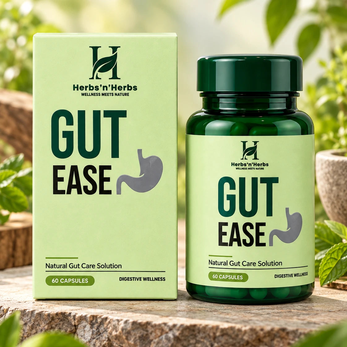 Herbs'n'Herbs Gut Ease box and bottle