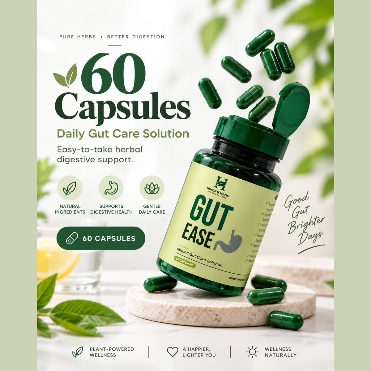 Gut Ease capsules pouring from bottle