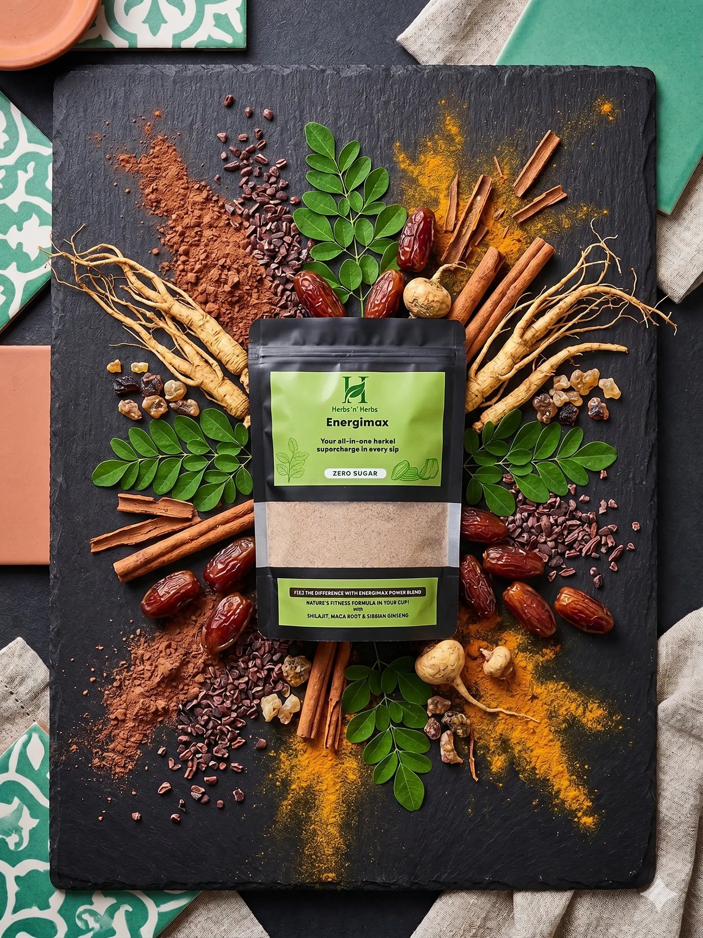 Packaged product on a black slate surface with various herbs and spices.