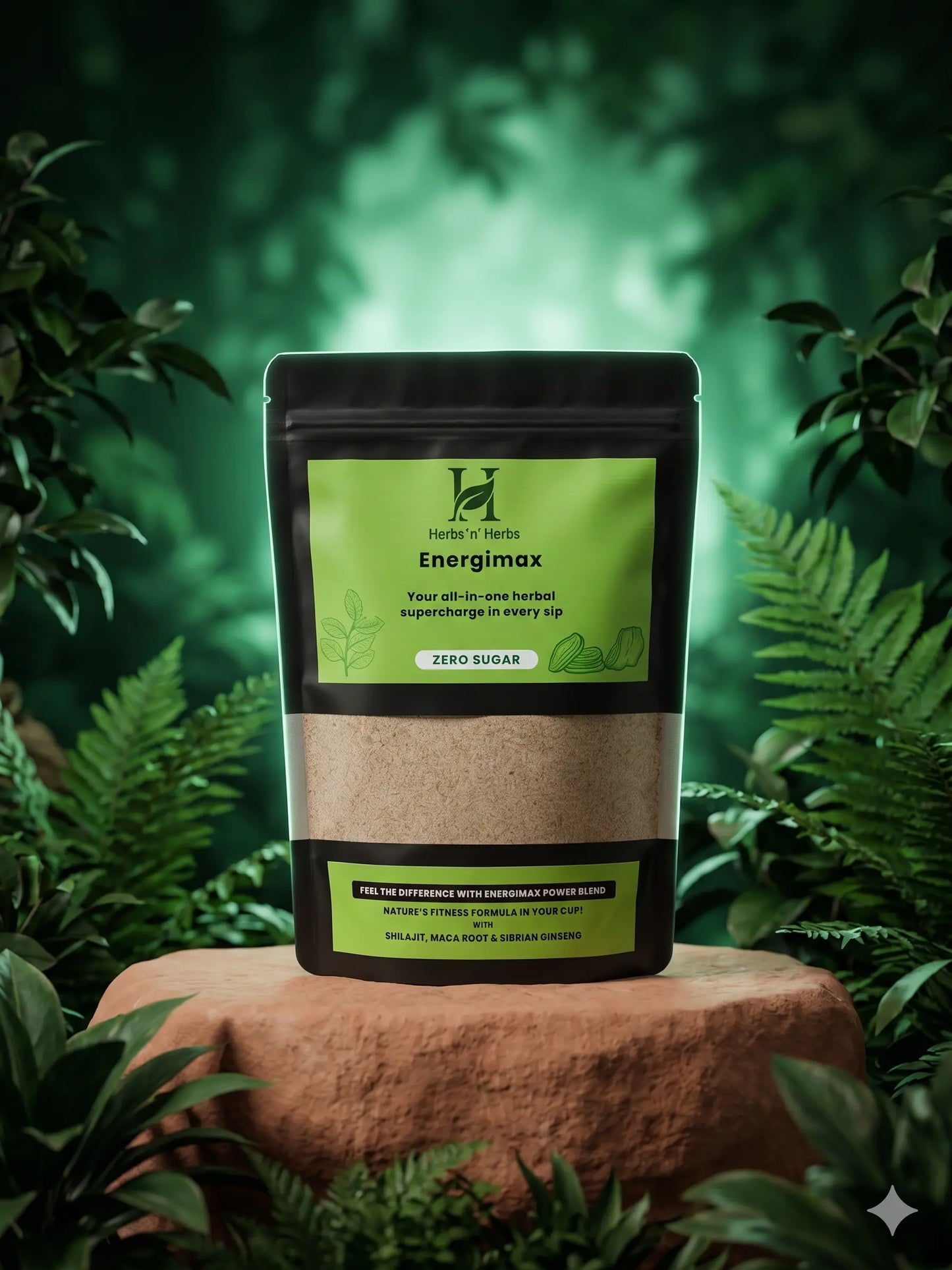 Energimax package on a stone surface with green foliage in the background