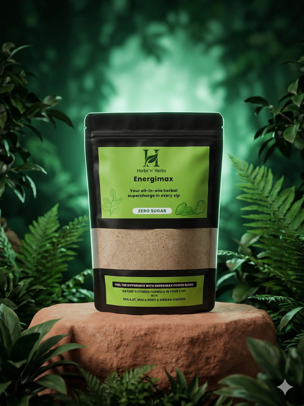 Energimax package on a stone surface with green foliage in the background