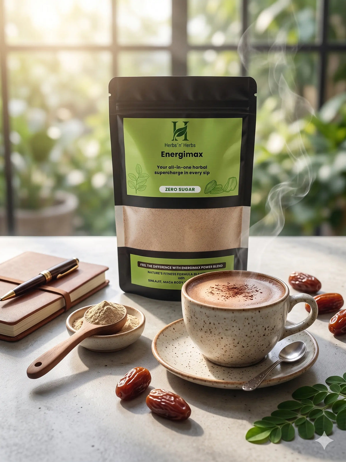 Energimix coffee package with a cup of coffee on a table with a window in the background