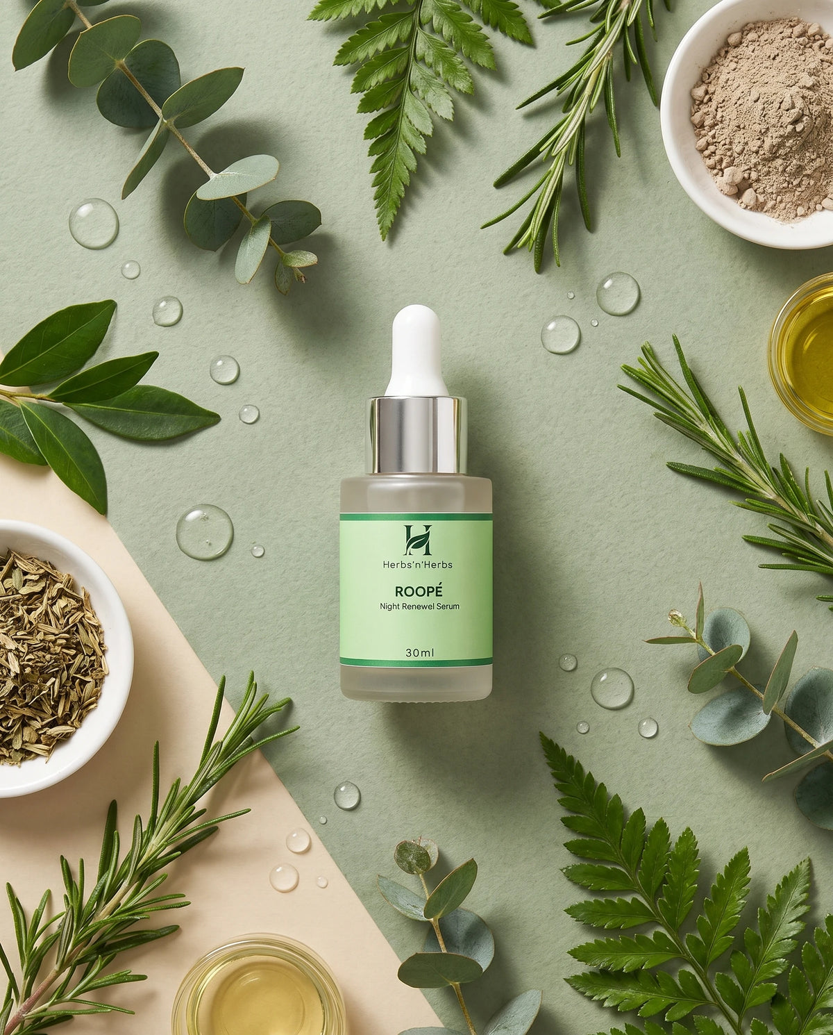 Herbs'n'Herbs ROOPÉ Night Renewal Serum with natural botanical ingredients flat lay