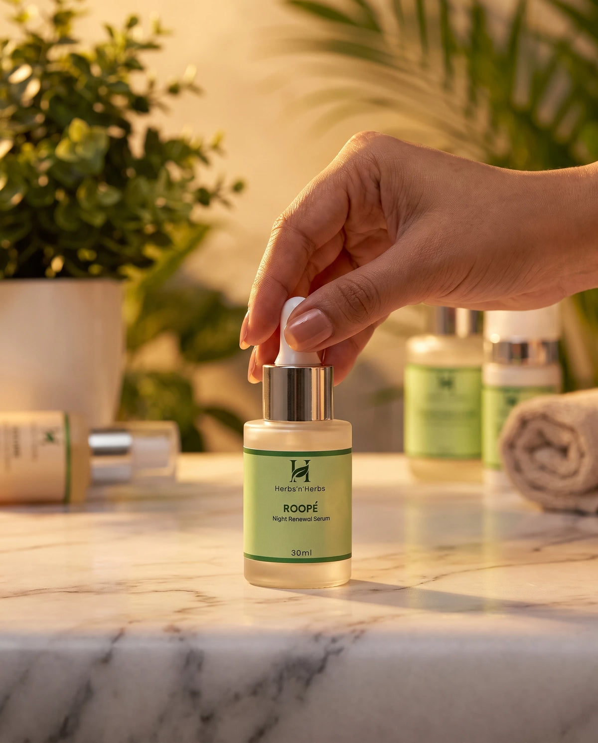 Hand holding Herbs'n'Herbs ROOPÉ Night Renewal Serum bottle lifestyle shot